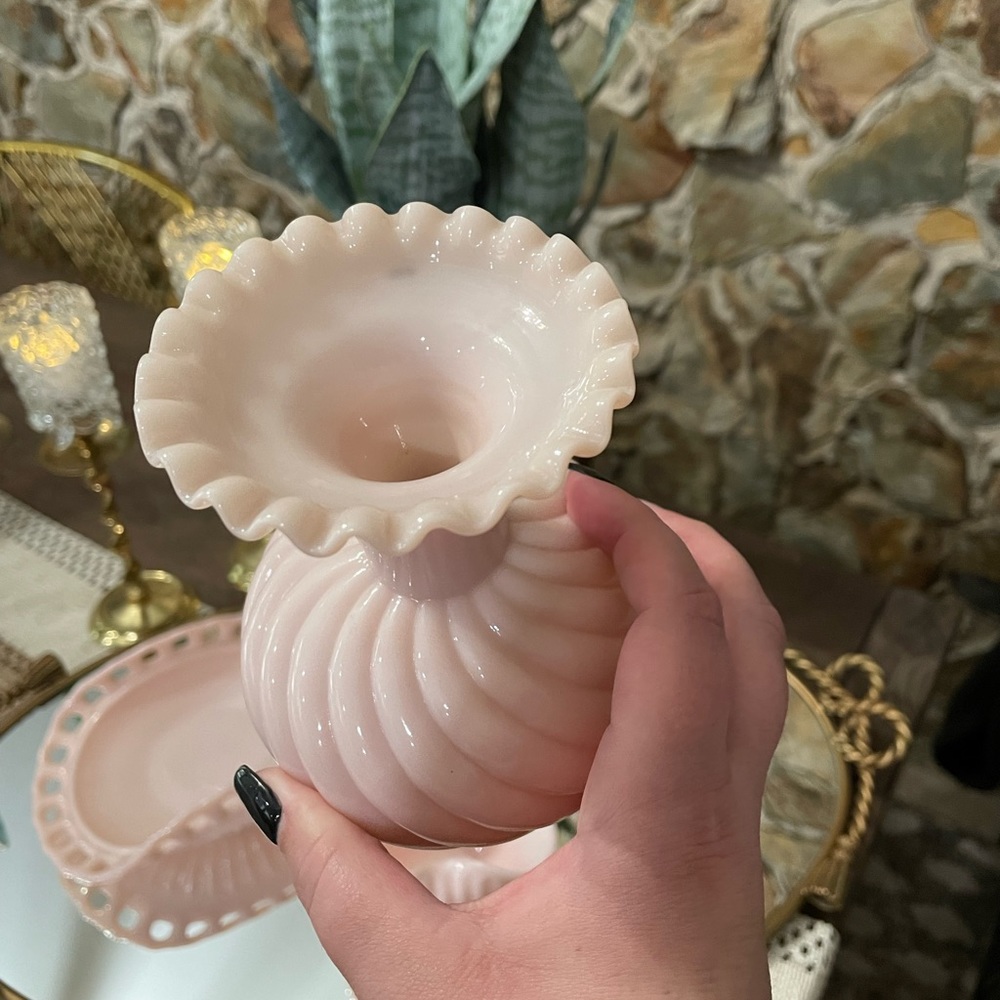 Vintage Pink Milk Glass Swirl Vase - Picture 2 of 3